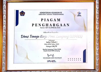 Disnaker Lampung Raih Penghargaan sebagai Satker Terbaik 1