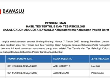 Daftar Calon Anggota Bawaslu Pesisir Barat 2023-2028 