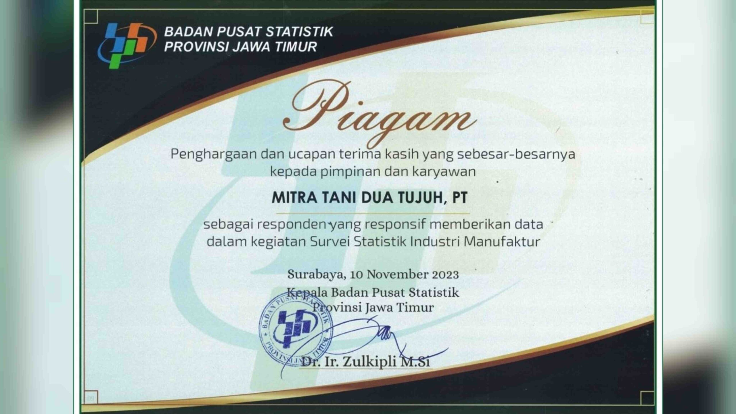 PT Mitratani Dua Tujuh Diapresiasi BPS Jawa Timur