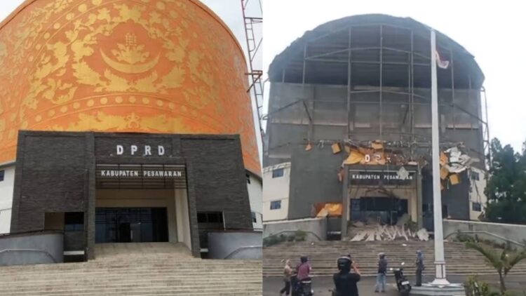 Ngeri! Ornamen DPRD Pesawaran Runtuh Disapu Angin Kencang