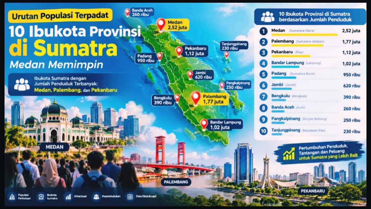 Populasi Terpadat 10 Ibukota Provinsi di Sumatra
